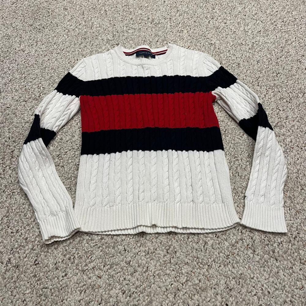 Tommy Hilfiger Cable Knit Crewneck Sweater Sz S Stripe White Red Preppy Casual